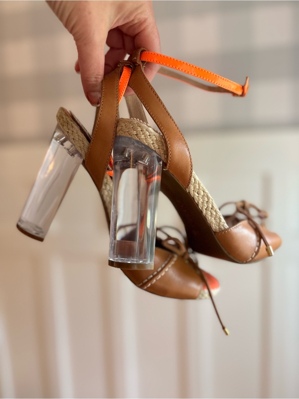 Sperry Tan Leather Sandal Heels with Clear Block Heel and Orange Strap